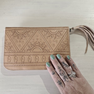 100% leather hand tooled boho sunflower wallet