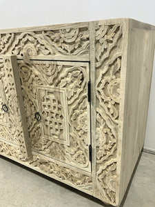 Hand-Carved Entertainment Media Console Unit - Bleached