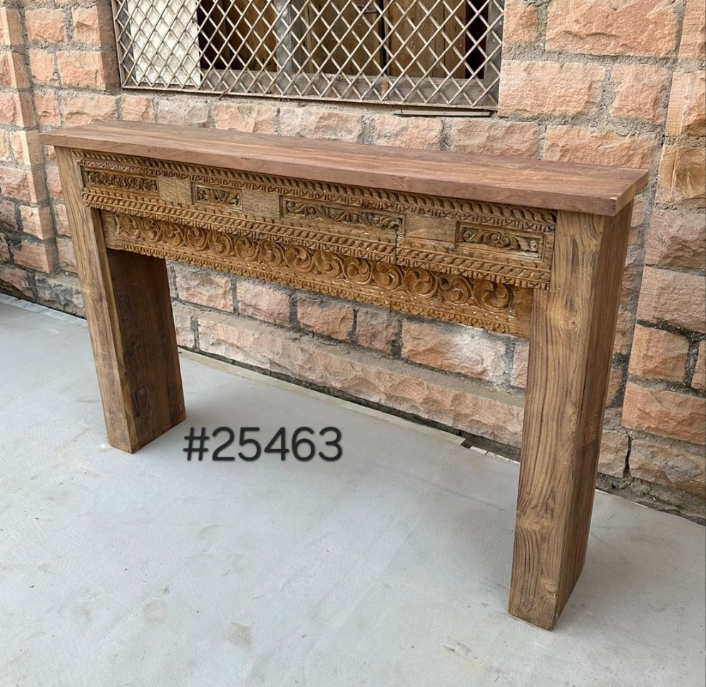Natural Slimline Vintage Indian Carved Console Hall Table – Boho Temple