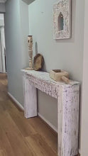 Load and play video in Gallery viewer, Bleached Slimline Vintage Indian Carved Console Hall Table #24
