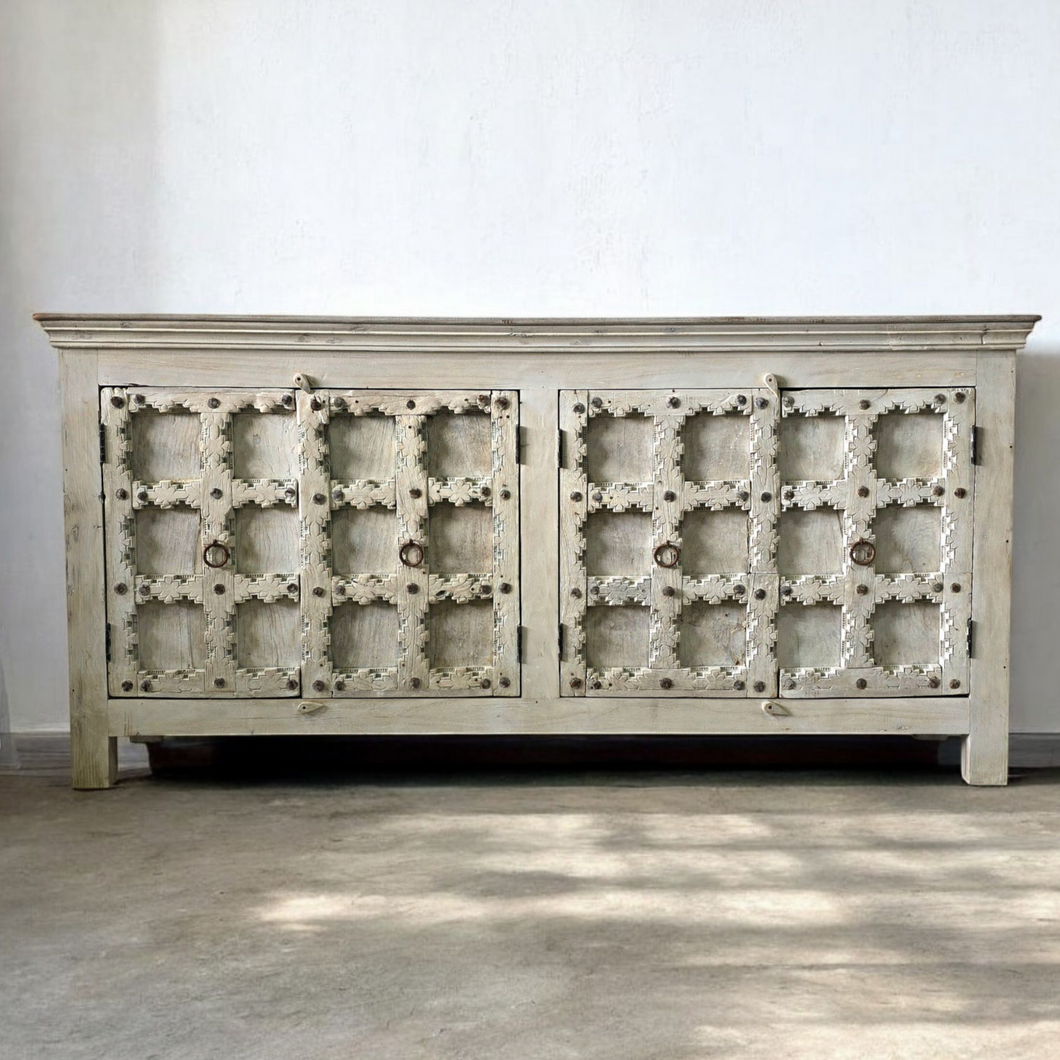 Vintage Indian Old Door Whitewash Sideboard #40097