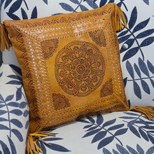 Load image into Gallery viewer, Bohemian Dreaming Tan Leather Mandala Cushion Cover
