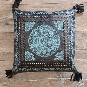 Bohemian Dreaming Black Leather Mandala Cushion Cover