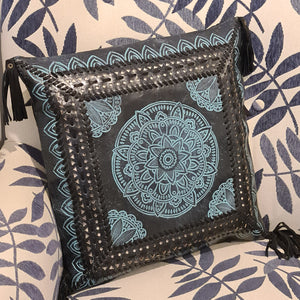 Bohemian Dreaming Black Leather Mandala Cushion Cover