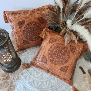 Bohemian Dreaming Tan Leather Mandala Cushion Cover