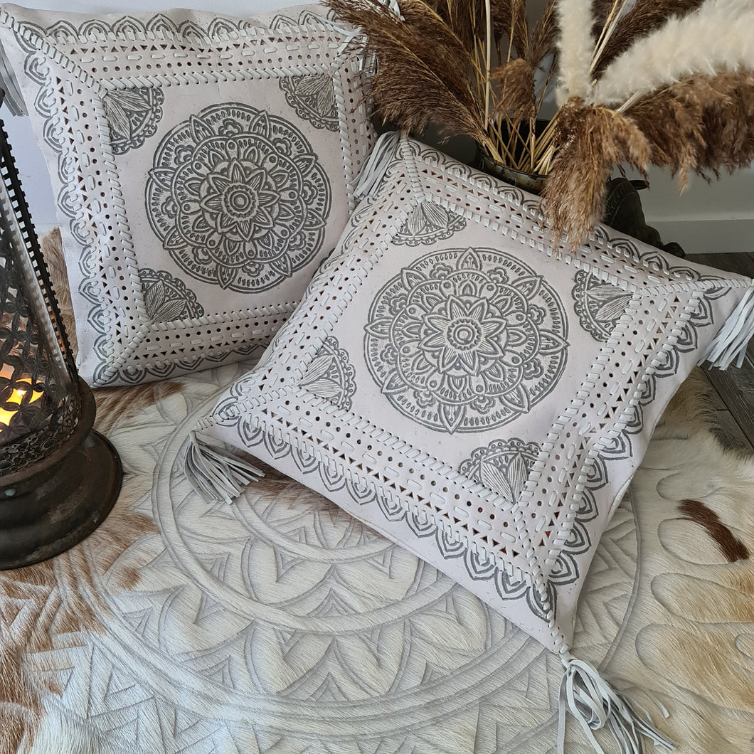 Bohemian Dreaming White Leather Mandala Cushion Cover