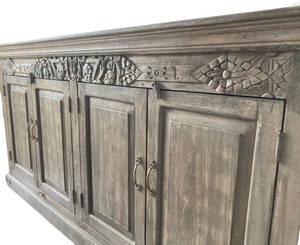 SECONDS - Solid four door sideboard with vintage carved panel